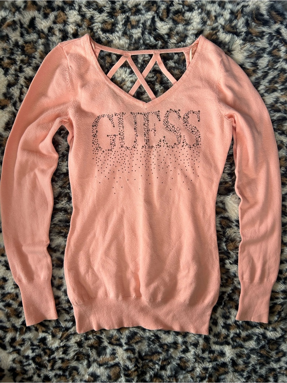 Y2K ‘GUESS’ Rhinestone Logo Open Back Light Pink Knit Sweater